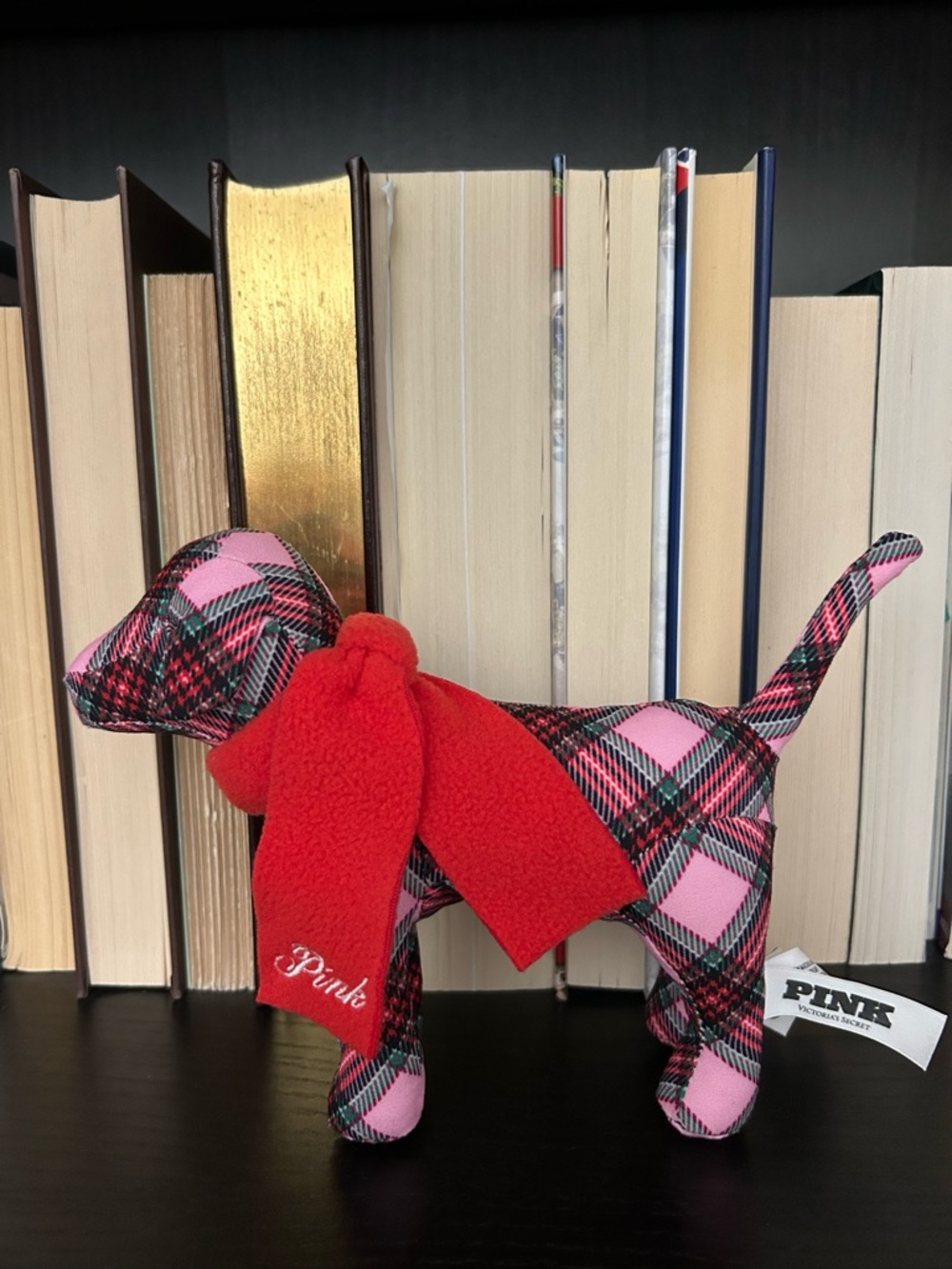 PINK Victoria's Secret Pink and Black Plaid Dog with Red Scarf